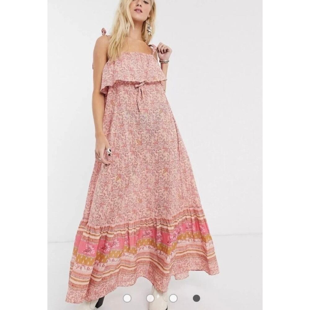 Free People Tangier Tie Shoulder Maxi Dress Rose Combo Boho Floral Size M - Picture 1 of 5
